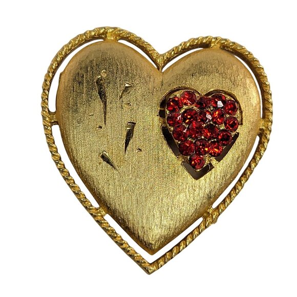 Vintage Signed JJ Double Heart Gold Tone Brooch Pin With Red Crystal Accents - Picture 1 of 5